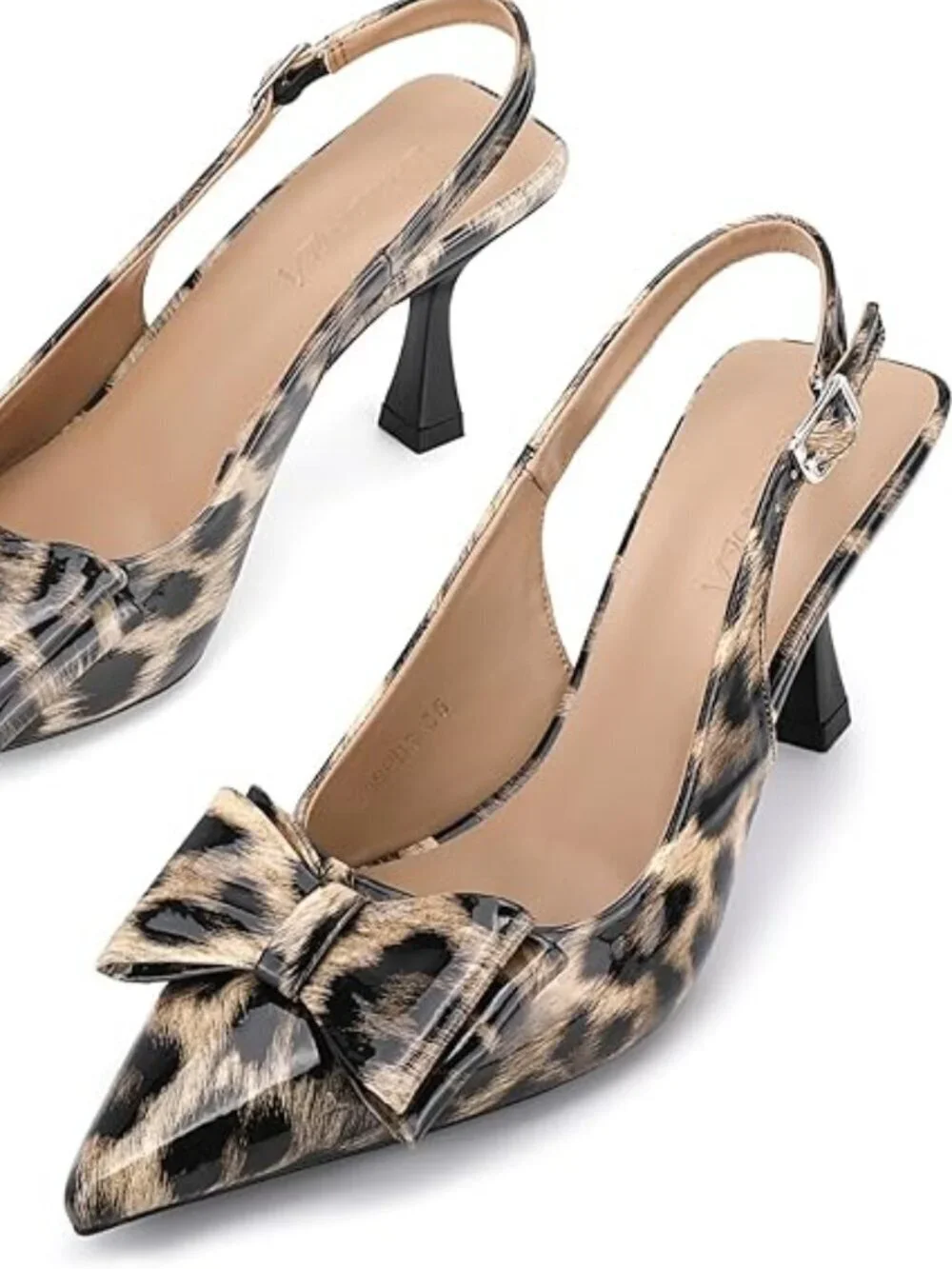 Women's Leopard Print Pointed Toe Slingback Kitten Heels Sandal Buckle Strap